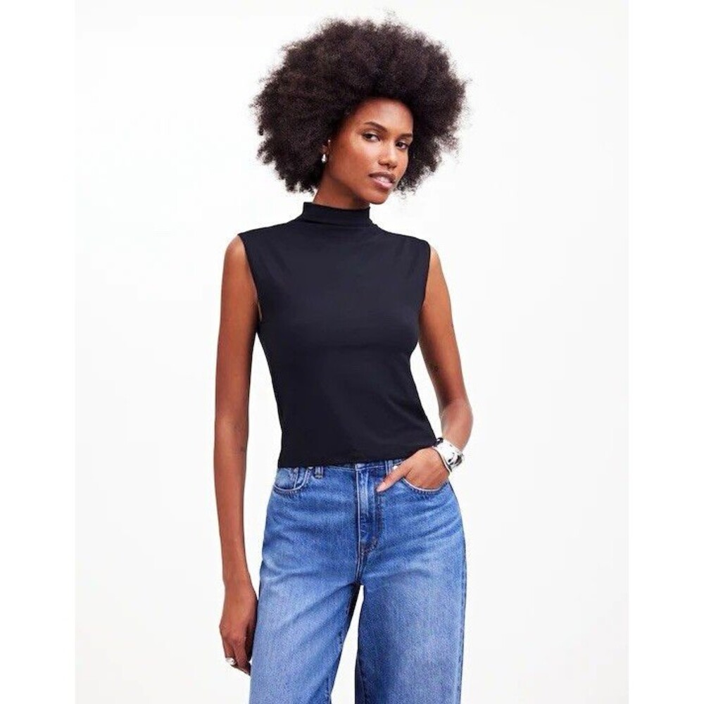 Madewell Women’s Black Sleeveless Knit Tank Top Funnelneck Cropped Muscle Tee M